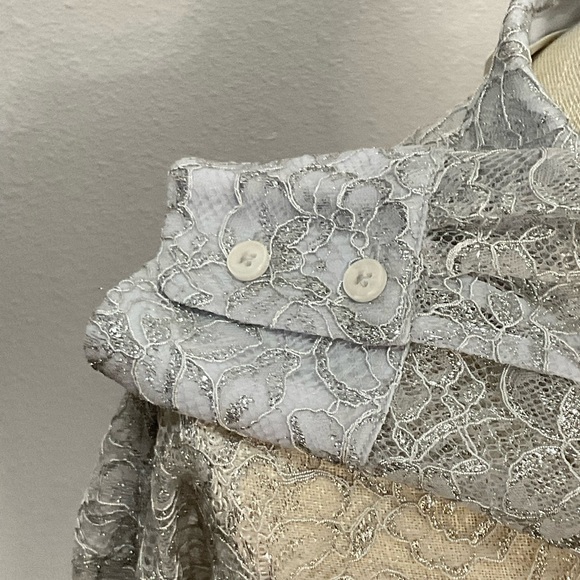 Anthropologie Silver Metallic Lace Button Down Shirt Long Sleeve Oversized Small - Picture 6 of 10
